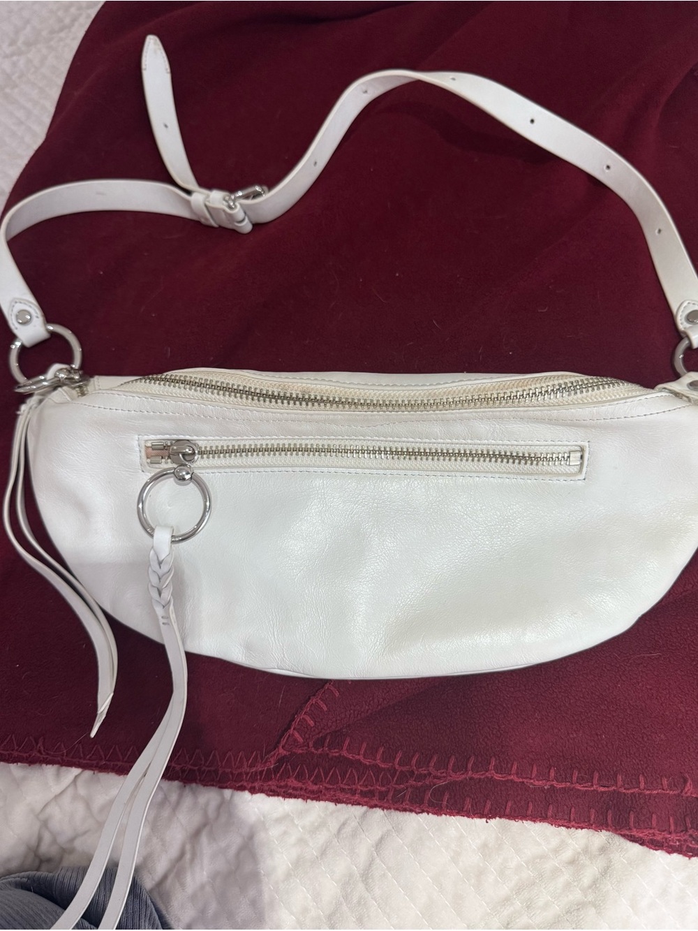 Rebecca Minkoff White Leather Crossbody Fanny pack or Belt Bag with Silver Accen